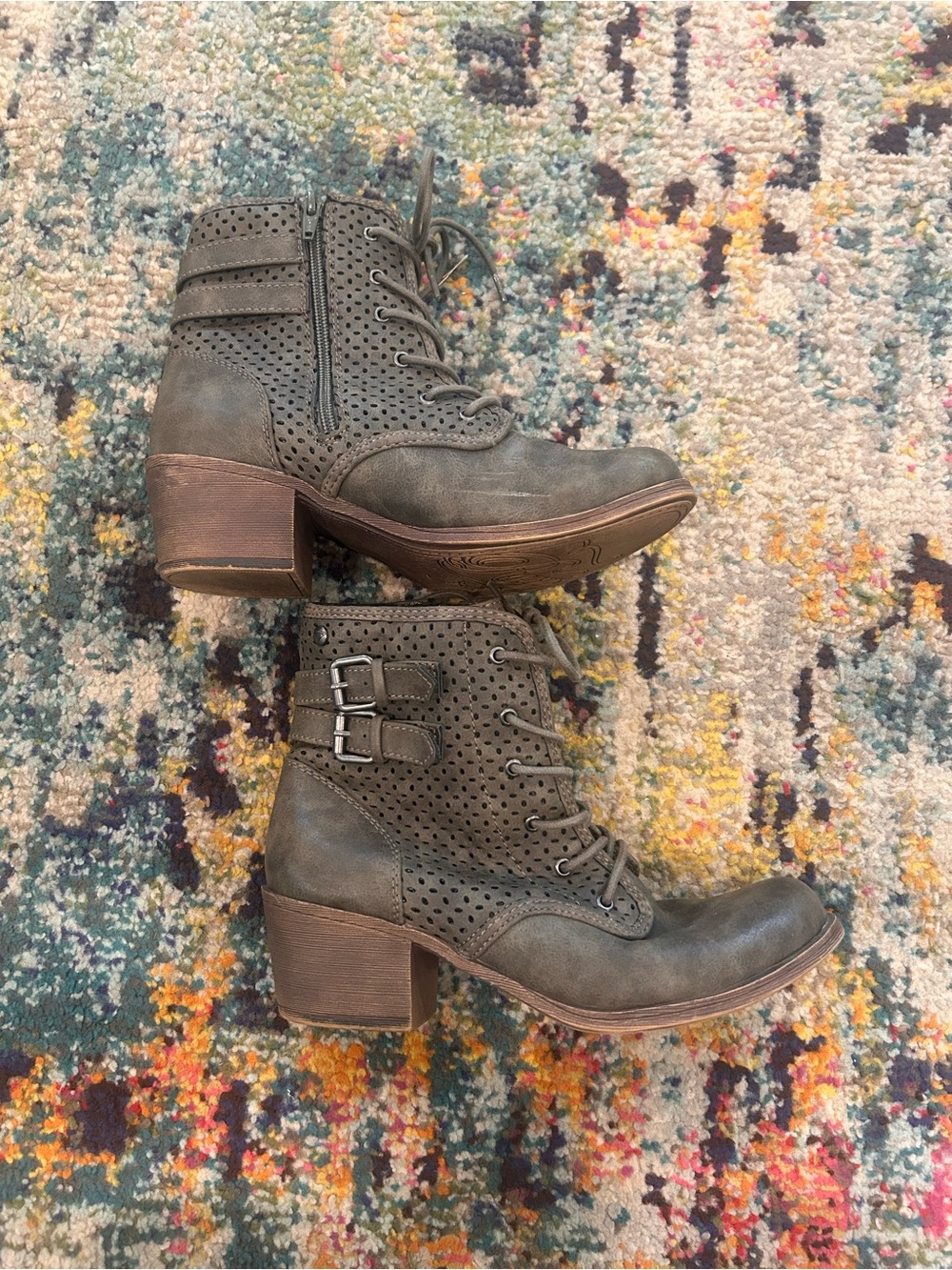 Lace-Up Perforated Leather Ankle Boots - Olive Brown